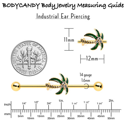 14G Clear Gem Gold Tone Palm Tree Style Industrial Barbell 38mm