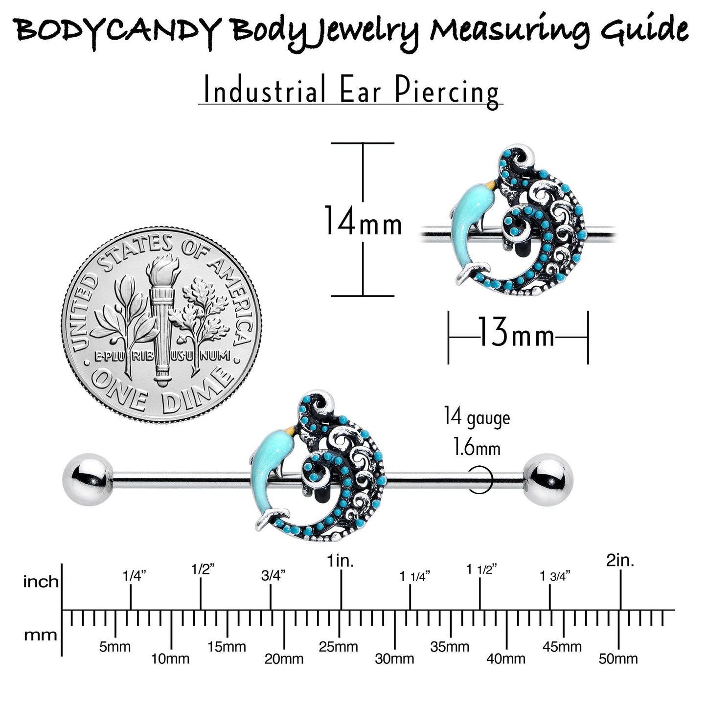 14G Leaping Blue Dolphin Industrial Barbell 38mm