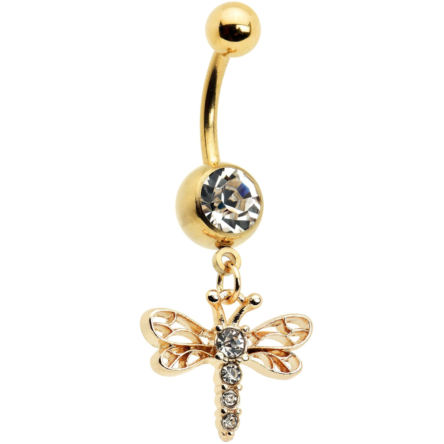 Clear Gem Gold Tone Flying Dragonfly Dangle Belly Ring