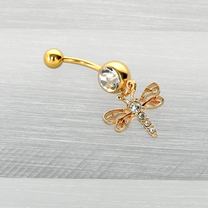 Clear Gem Gold Tone Flying Dragonfly Dangle Belly Ring