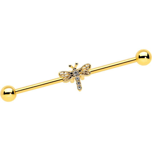 14G Clear Gem Gold Tone Flying Dragonfly Industrial Barbell 38mm