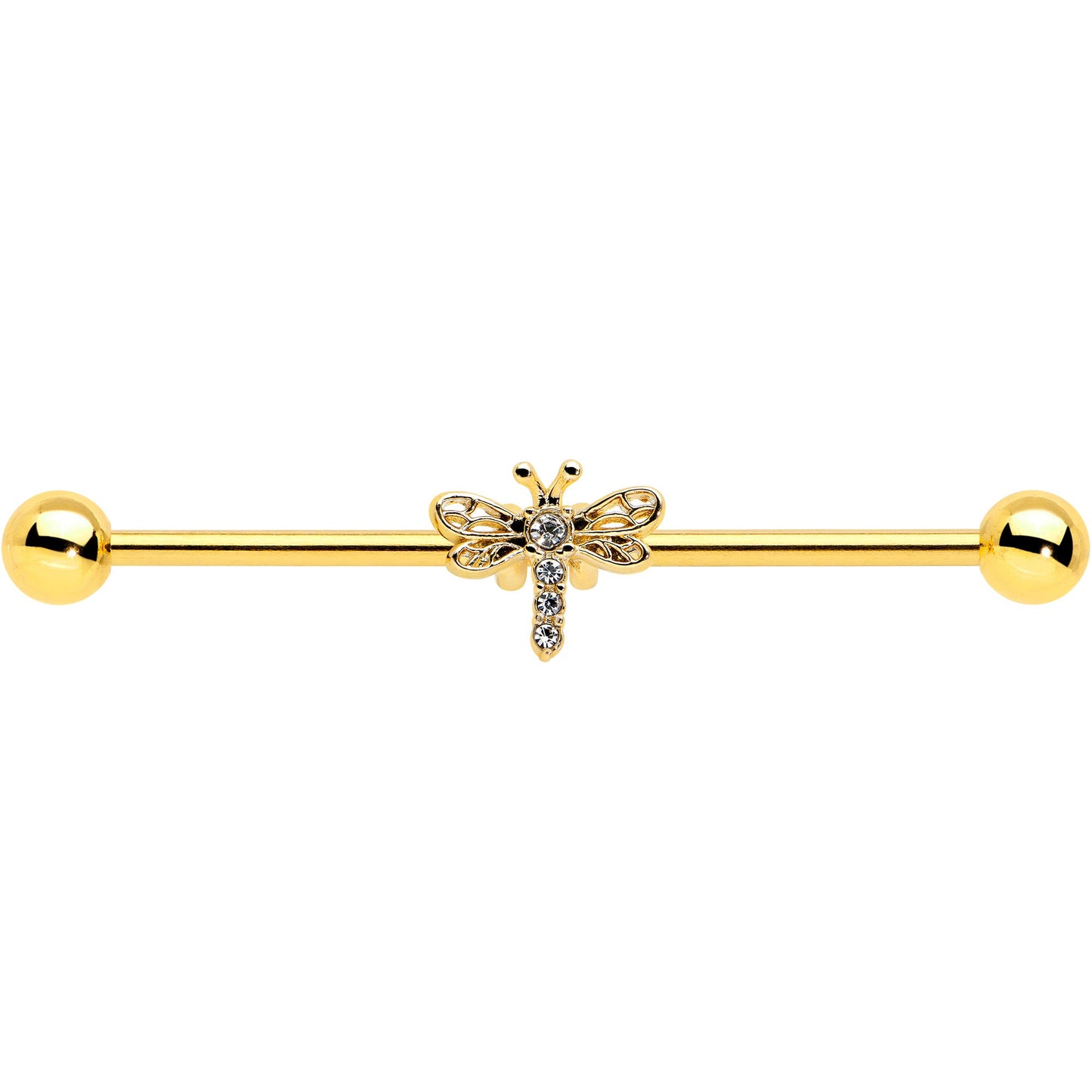 14G Clear Gem Gold Tone Flying Dragonfly Industrial Barbell 38mm