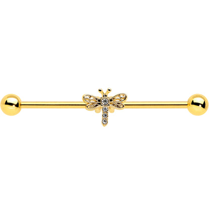 14G Clear Gem Gold Tone Flying Dragonfly Industrial Barbell 38mm