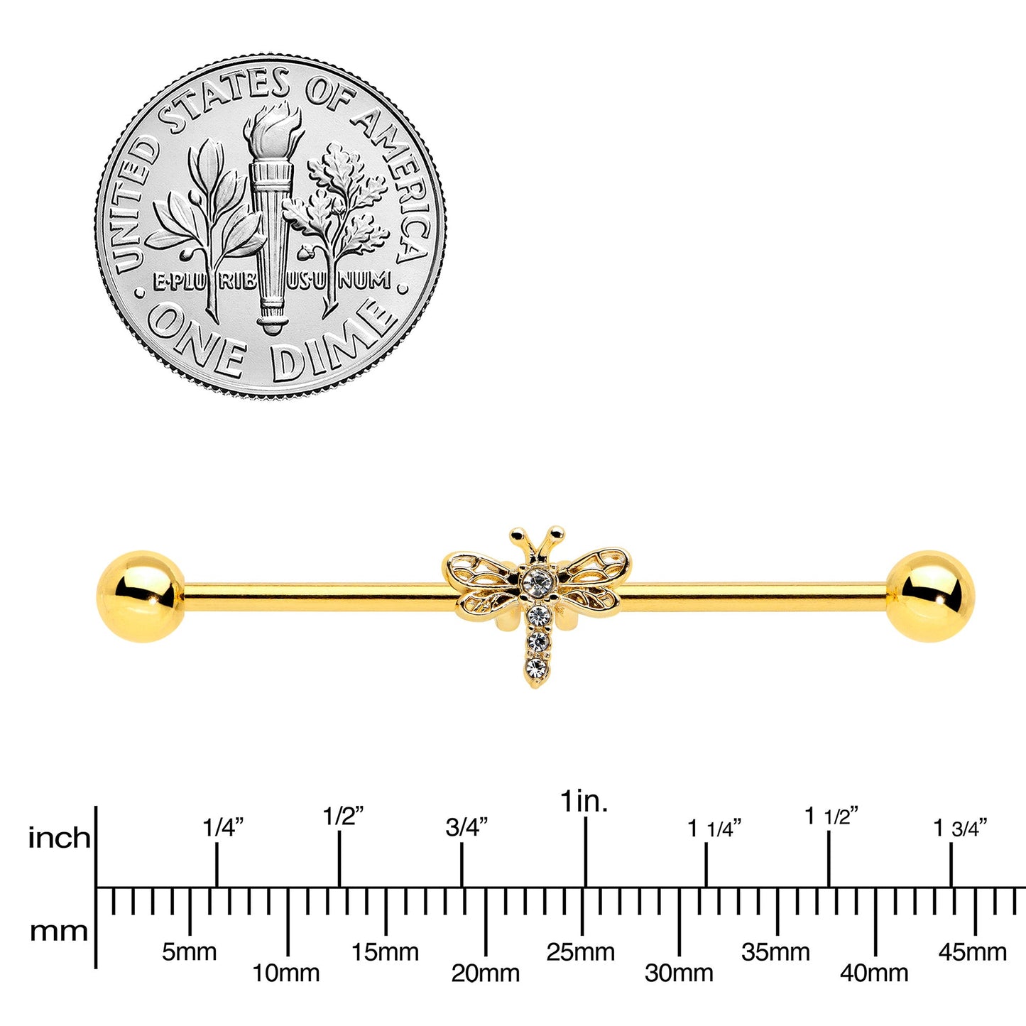 14G Clear Gem Gold Tone Flying Dragonfly Industrial Barbell 38mm