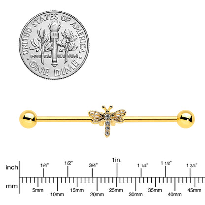 14G Clear Gem Gold Tone Flying Dragonfly Industrial Barbell 38mm