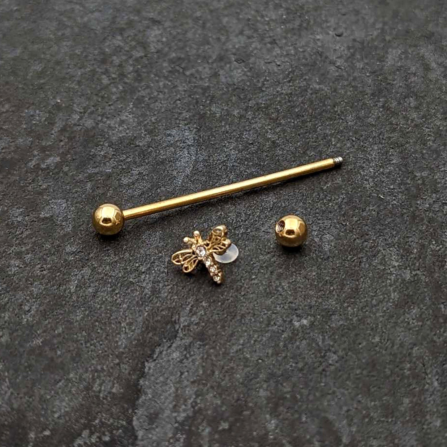 14G Clear Gem Gold Tone Flying Dragonfly Industrial Barbell 38mm