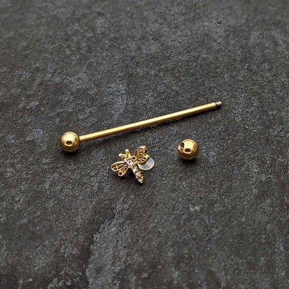 14G Clear Gem Gold Tone Flying Dragonfly Industrial Barbell 38mm
