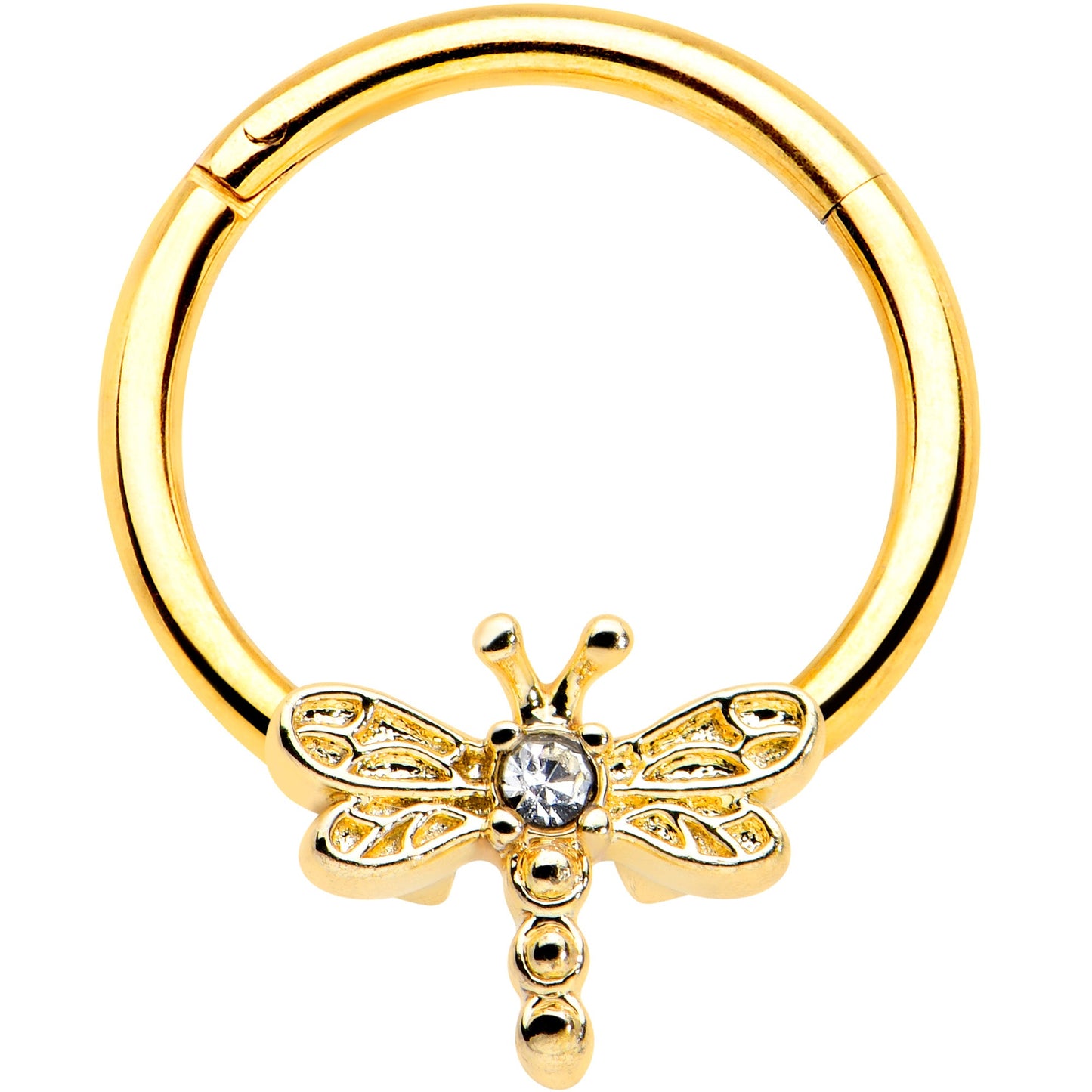 16G 3/8 Clear Gem Gold Tone Flying Dragonfly Hinged Segment Ring