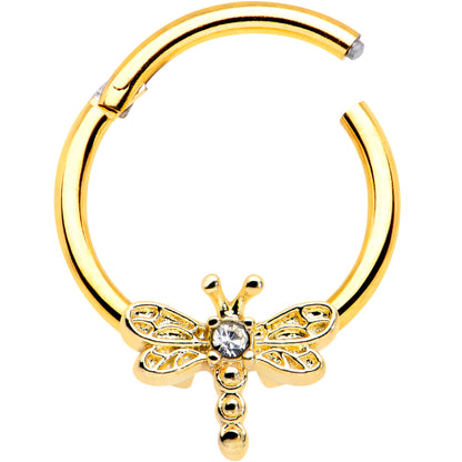 16G 3/8 Clear Gem Gold Tone Flying Dragonfly Hinged Segment Ring