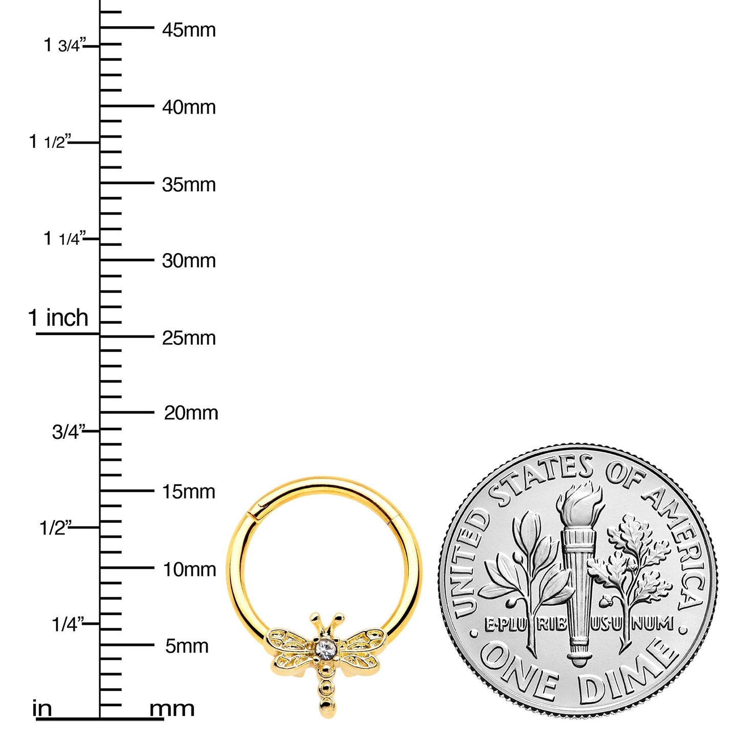 16G 3/8 Clear Gem Gold Tone Flying Dragonfly Hinged Segment Ring