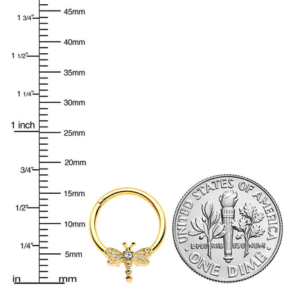 16G 3/8 Clear Gem Gold Tone Flying Dragonfly Hinged Segment Ring