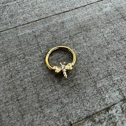 16G 3/8 Clear Gem Gold Tone Flying Dragonfly Hinged Segment Ring