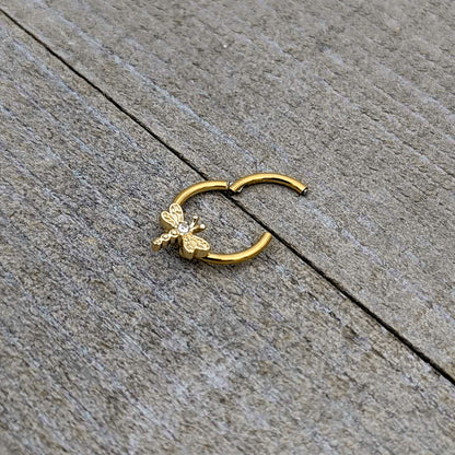 16G 3/8 Clear Gem Gold Tone Flying Dragonfly Hinged Segment Ring