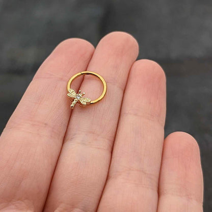 16G 3/8 Clear Gem Gold Tone Flying Dragonfly Hinged Segment Ring