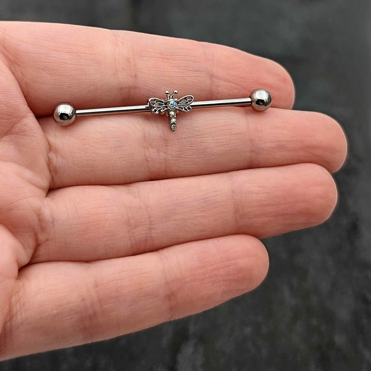 14G Aurora Gem Dragonfly Flying Industrial Barbell 38mm