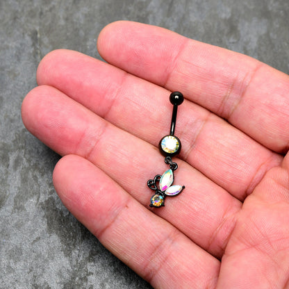 Aurora Gem Black Fleur de Lis Butterfly Dangle Belly Ring