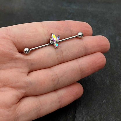 14G Aurora CZ Gem Fleur de Lis Industrial Barbell 38mm