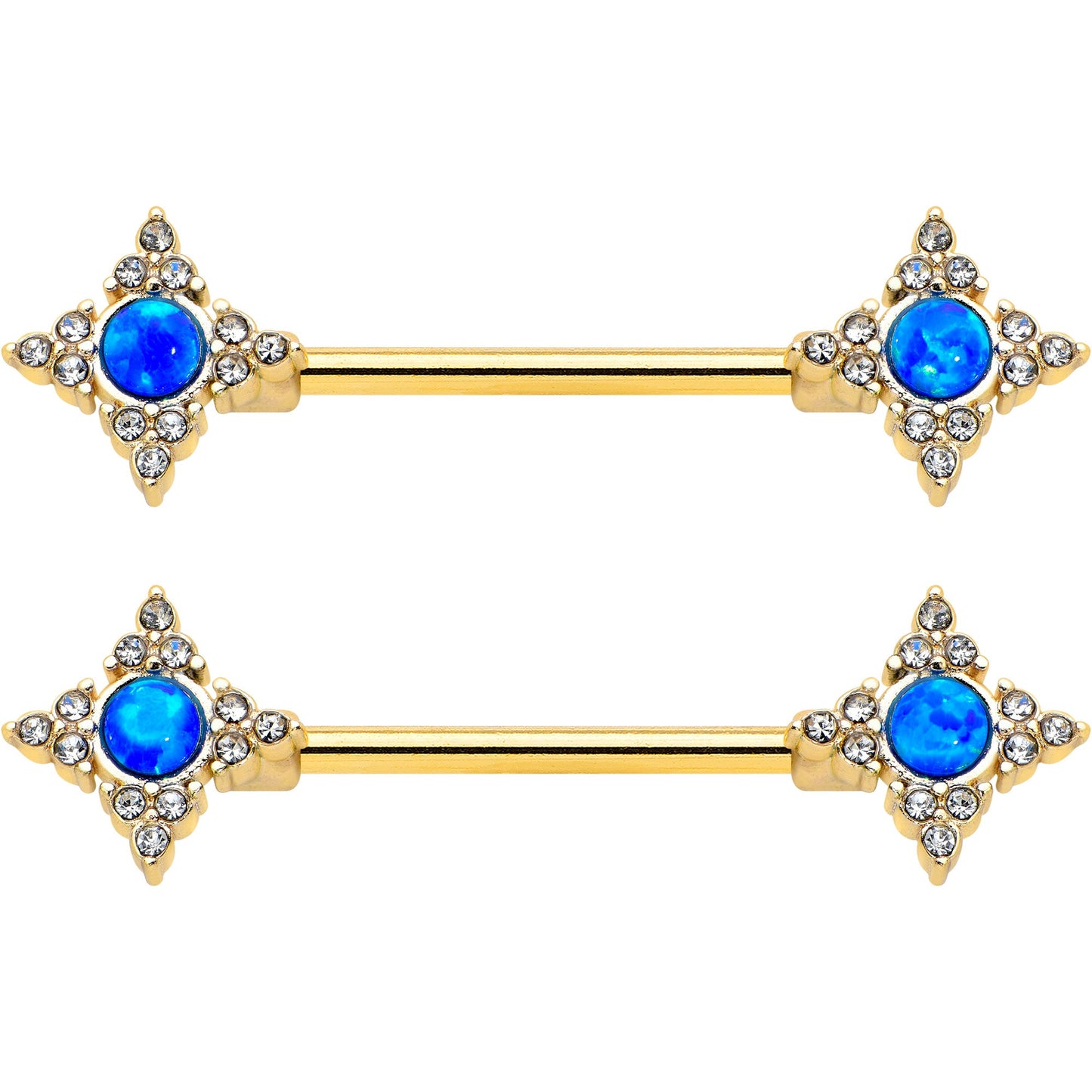 14G 9/16 Blue Synthetic Opal Gold Tone Rhombus Nipple Ring Set