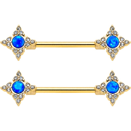 14G 9/16 Blue Synthetic Opal Gold Tone Rhombus Nipple Ring Set