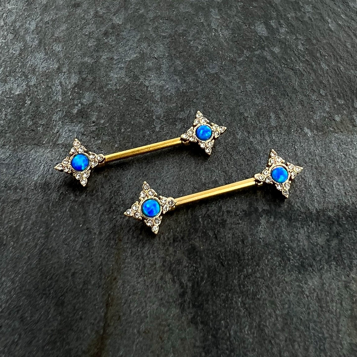 14G 9/16 Blue Synthetic Opal Gold Tone Rhombus Nipple Ring Set