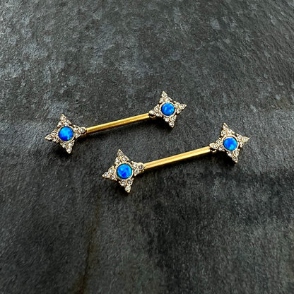 14G 9/16 Blue Synthetic Opal Gold Tone Rhombus Nipple Ring Set