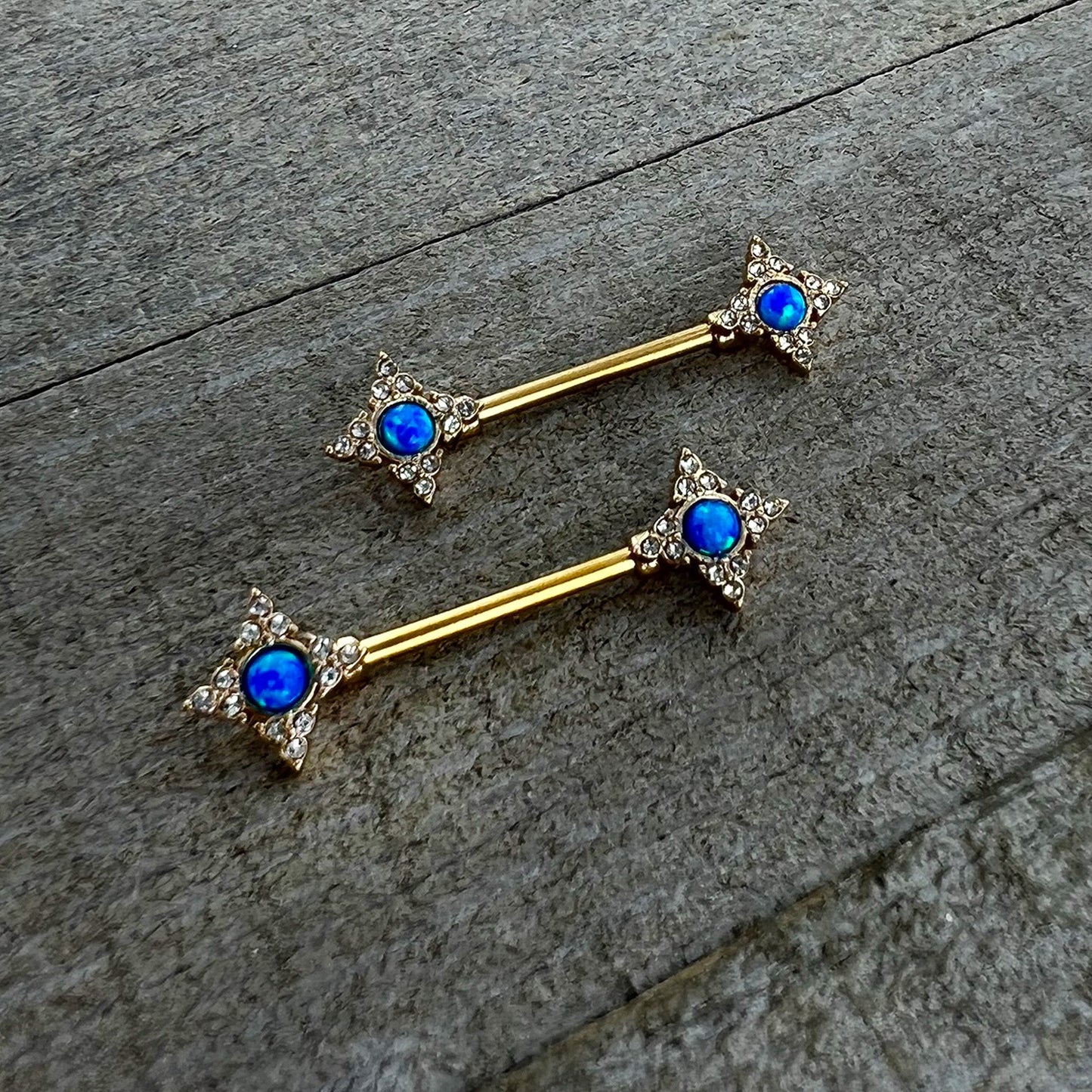 14G 9/16 Blue Synthetic Opal Gold Tone Rhombus Nipple Ring Set