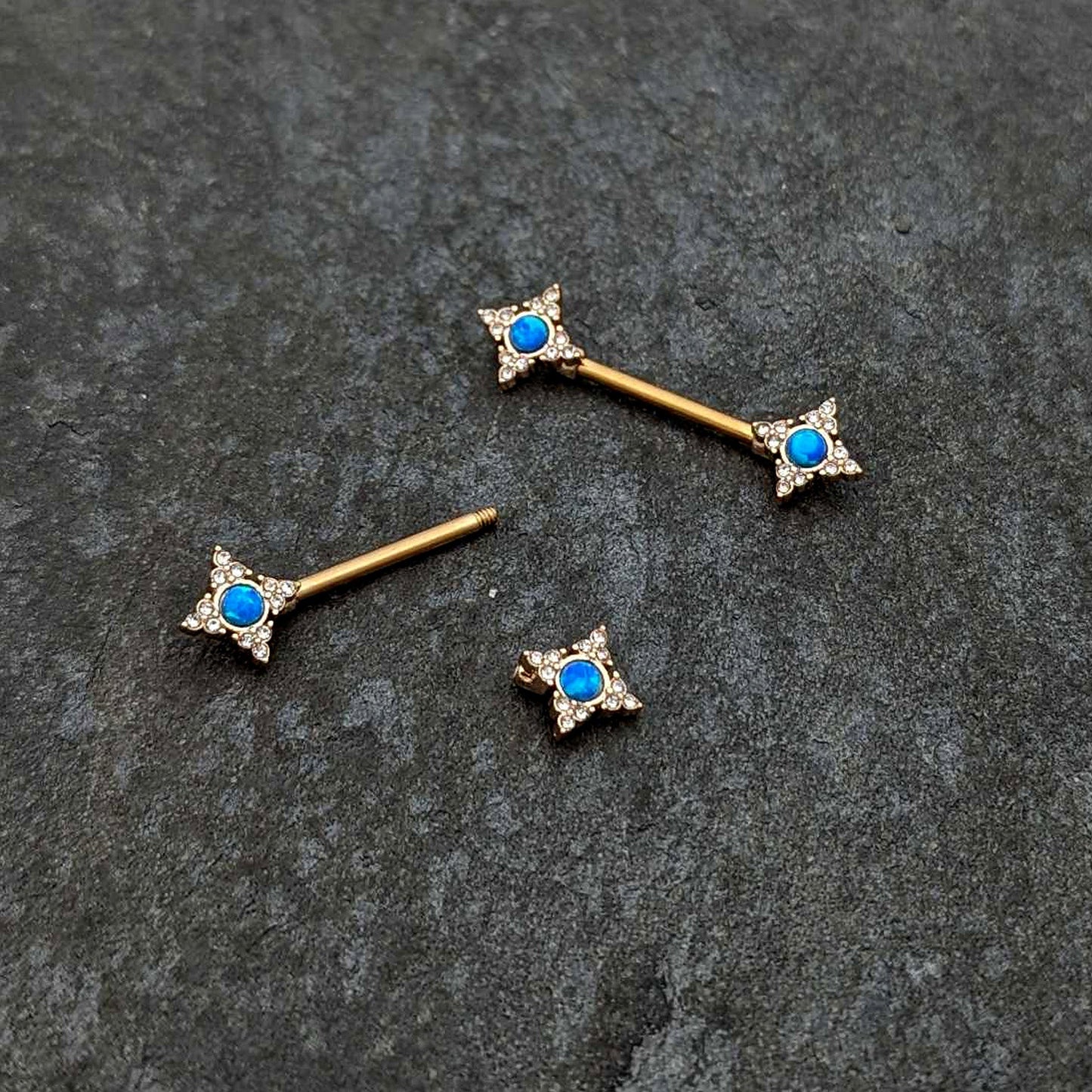 14G 9/16 Blue Synthetic Opal Gold Tone Rhombus Nipple Ring Set