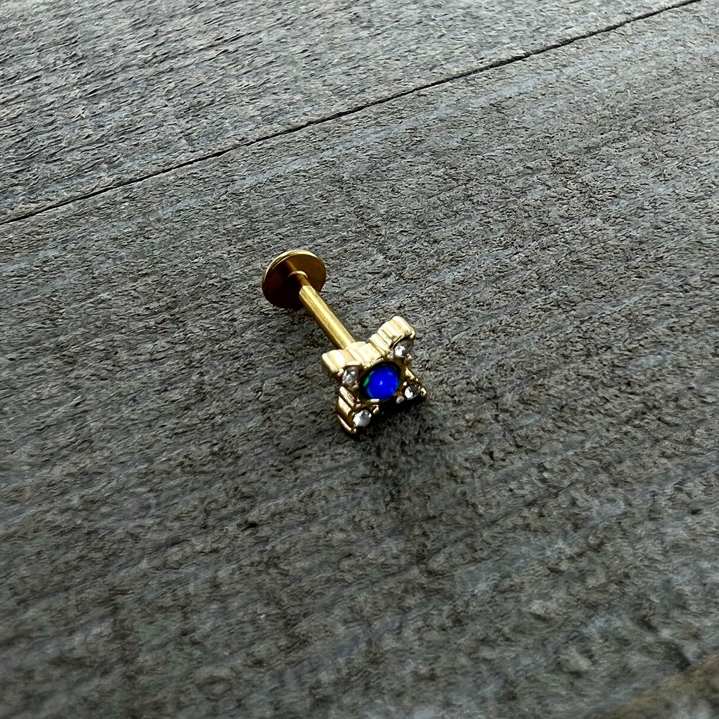16G 5/16 Blue Synthetic Opal Gold Hue Rhombus Labret Monroe Tragus