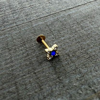 16G 5/16 Blue Synthetic Opal Gold Hue Rhombus Labret Monroe Tragus