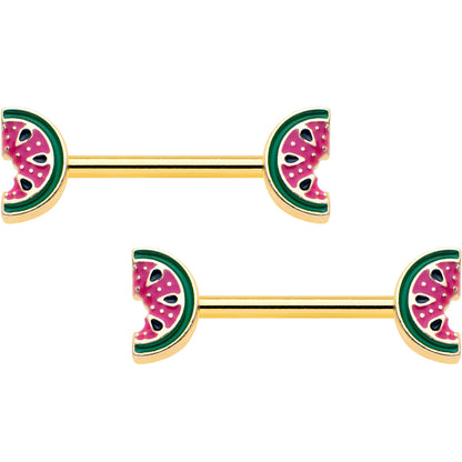14G 9/16 Gold Tone Watermelon Bite Barbell Nipple Ring Set