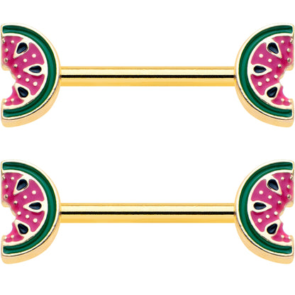 14G 9/16 Gold Tone Watermelon Bite Barbell Nipple Ring Set
