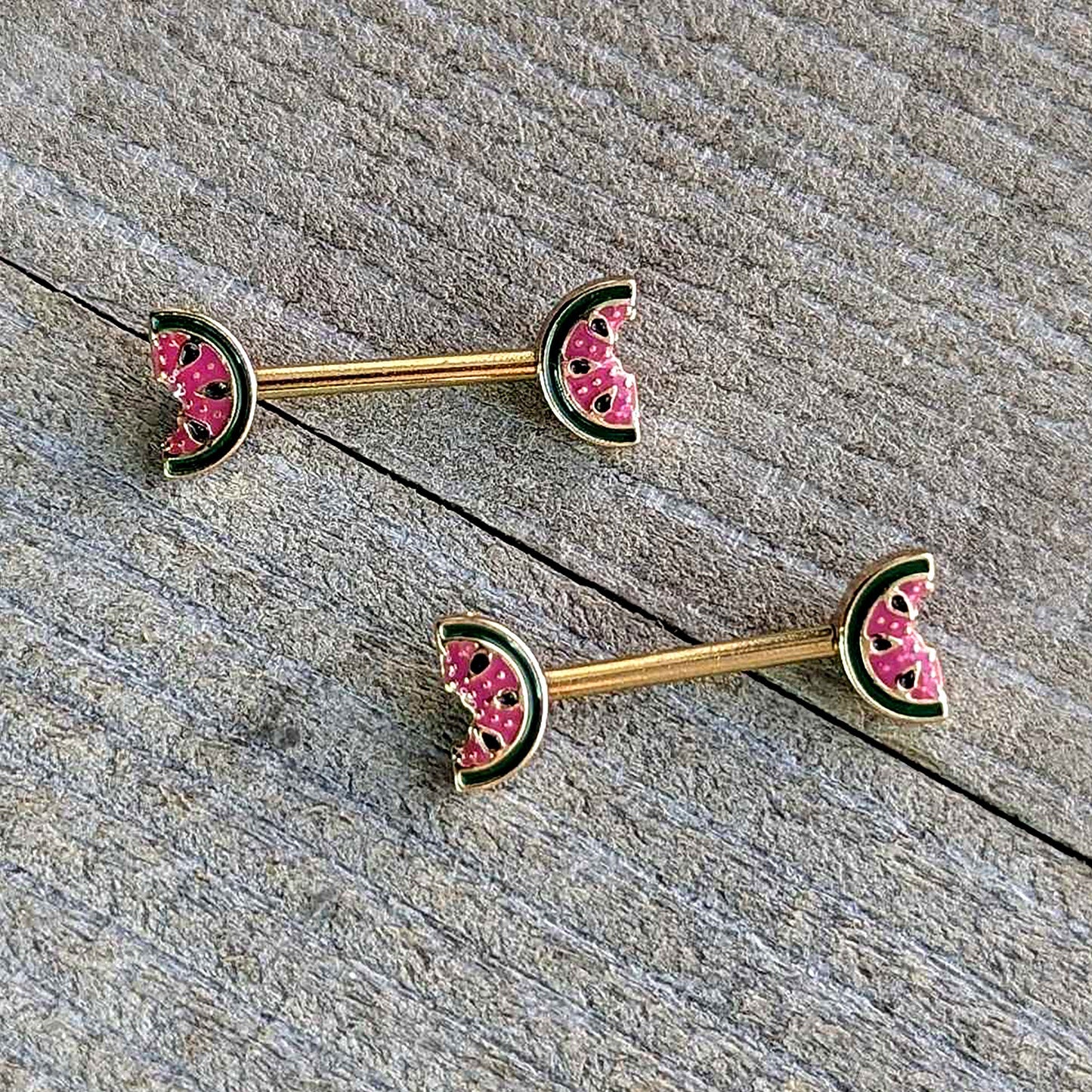 14G 9/16 Gold Tone Watermelon Bite Barbell Nipple Ring Set
