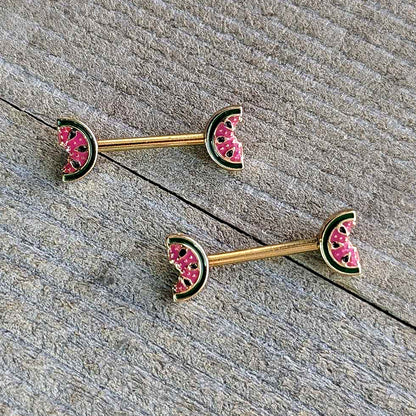 14G 9/16 Gold Tone Watermelon Bite Barbell Nipple Ring Set