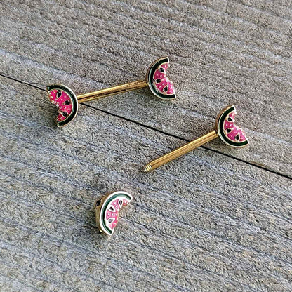 14G 9/16 Gold Tone Watermelon Bite Barbell Nipple Ring Set