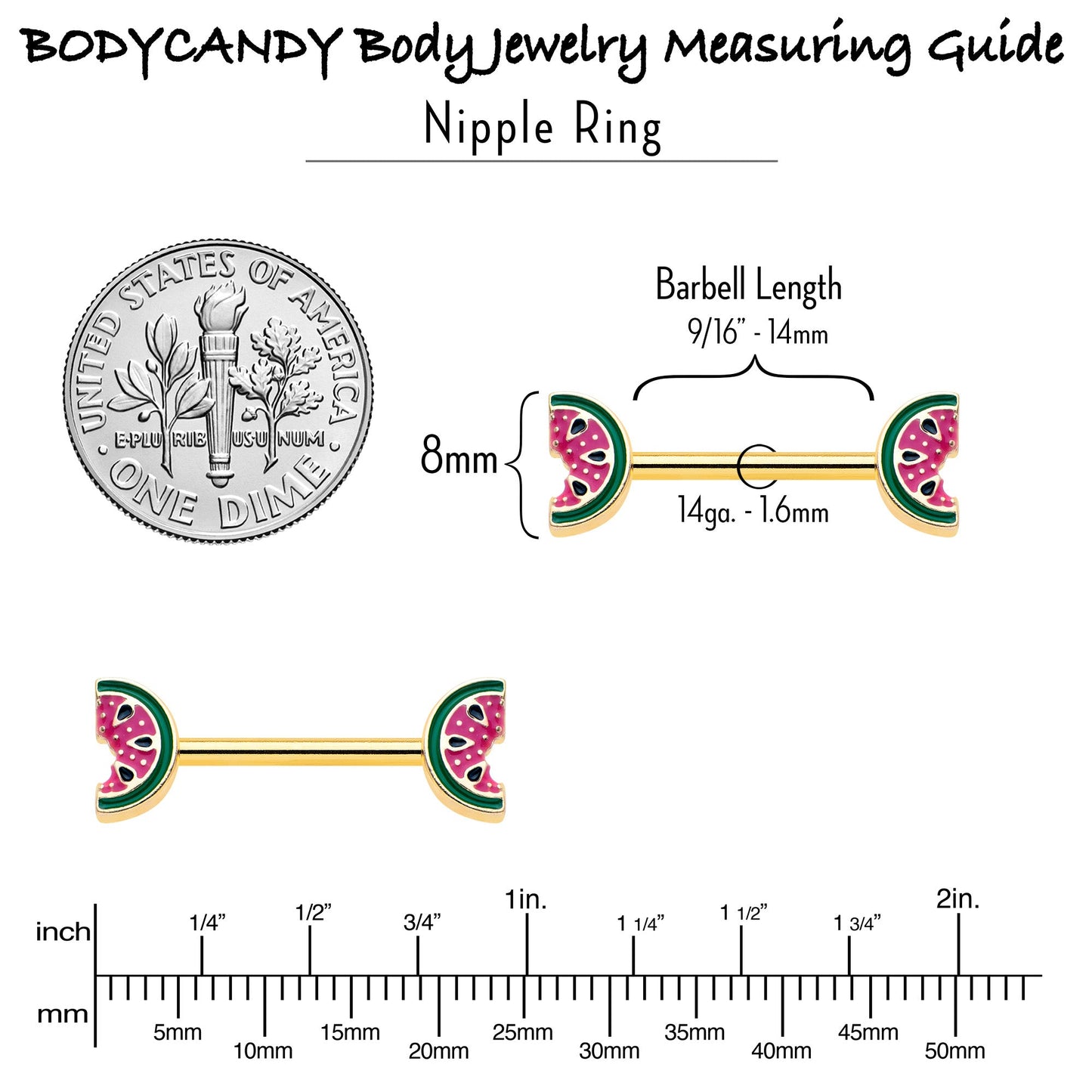 14G 9/16 Gold Tone Watermelon Bite Barbell Nipple Ring Set