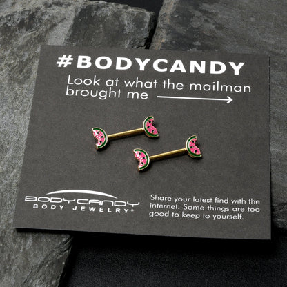 14G 9/16 Gold Tone Watermelon Bite Barbell Nipple Ring Set