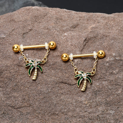 14G 9/16 Clear Gem Gold Hue Palm Tree Style Dangle Nipple Ring Set
