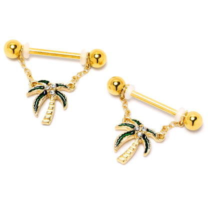 14G 9/16 Clear Gem Gold Hue Palm Tree Style Dangle Nipple Ring Set