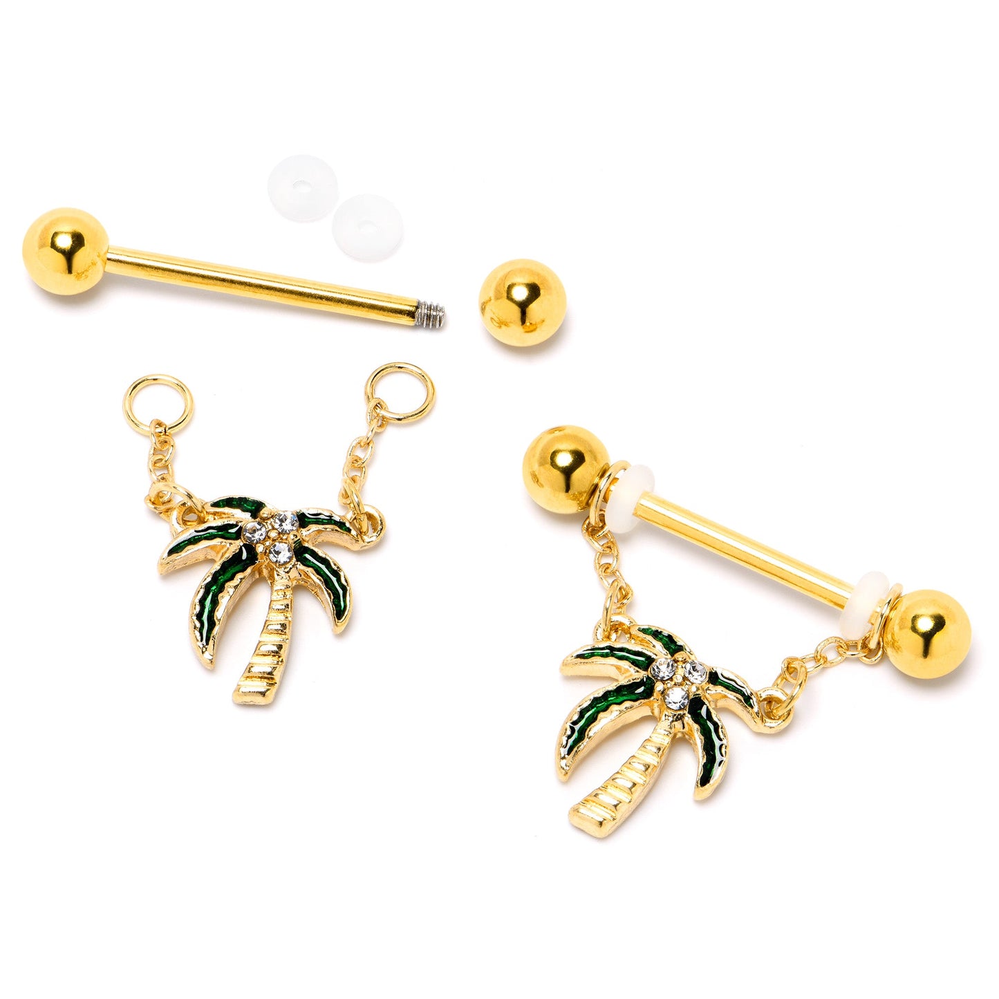 14G 9/16 Clear Gem Gold Hue Palm Tree Style Dangle Nipple Ring Set
