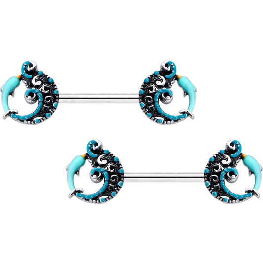 14G 9/16 Leaping Blue Dolphin Barbell Nipple Ring Set