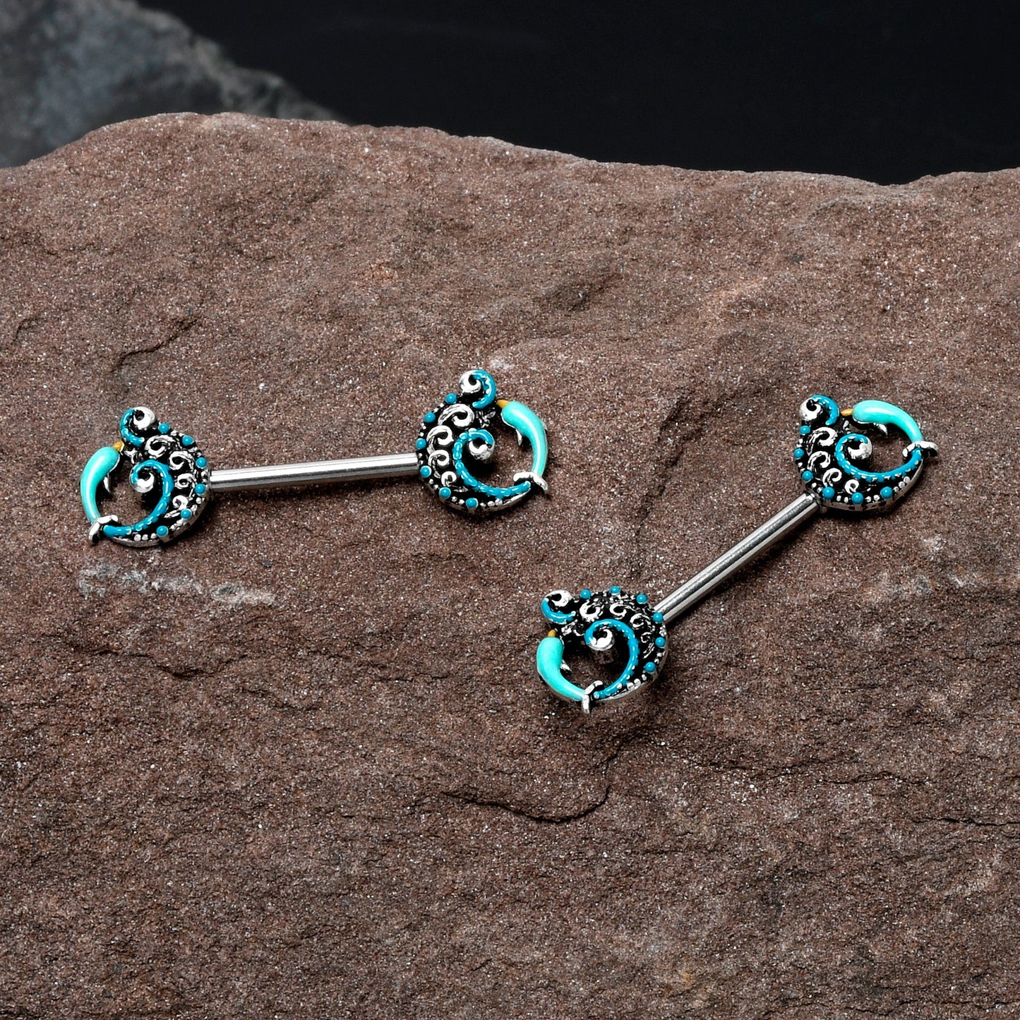 14G 9/16 Leaping Blue Dolphin Barbell Nipple Ring Set