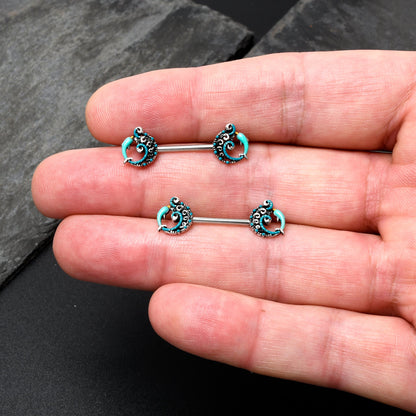 14G 9/16 Leaping Blue Dolphin Barbell Nipple Ring Set
