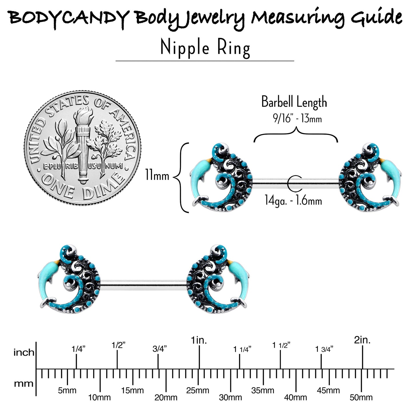 14G 9/16 Leaping Blue Dolphin Barbell Nipple Ring Set