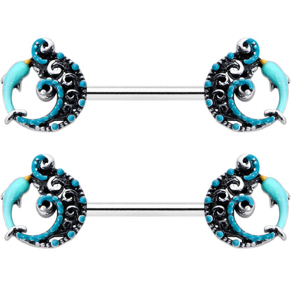 14G 9/16 Leaping Blue Dolphin Barbell Nipple Ring Set