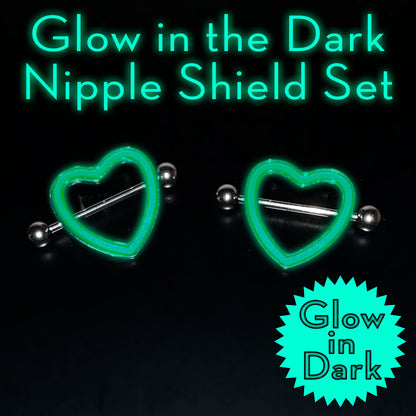14G 5/8 Purple Heart Glow in the Dark Valentine Nipple Shield Set