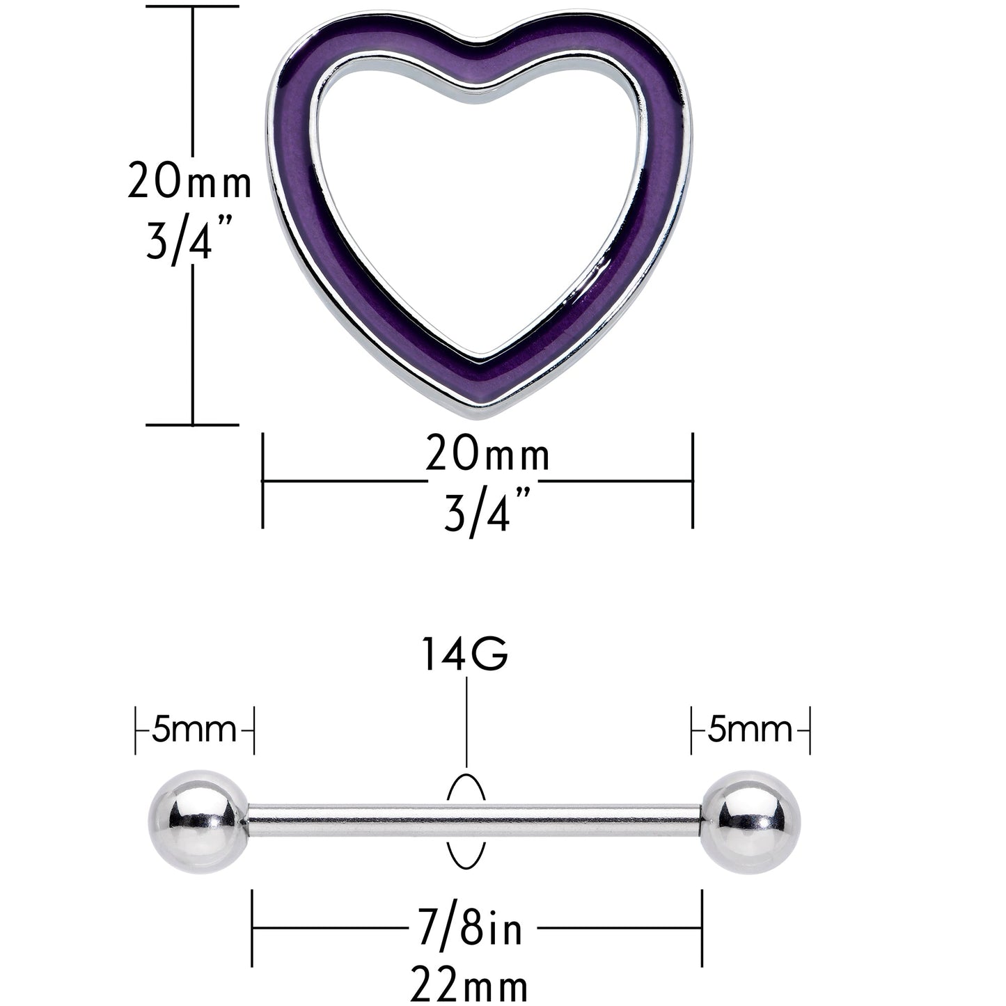 14G 5/8 Purple Heart Glow in the Dark Valentine Nipple Shield Set