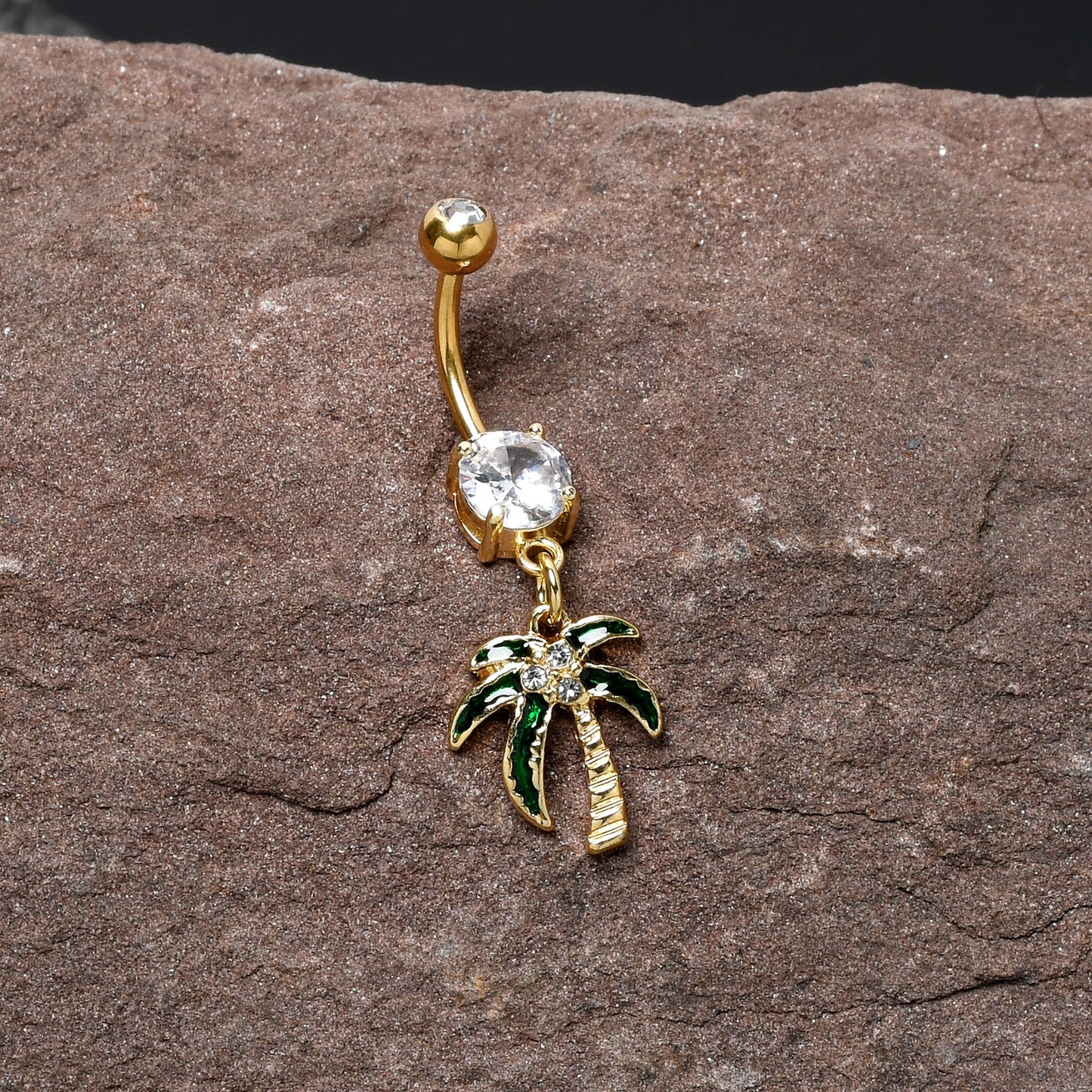 Clear Gem Gold Tone Palm Tree Style Dangle Belly Ring