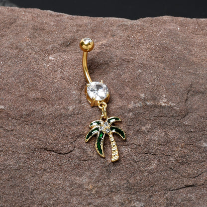 Clear Gem Gold Tone Palm Tree Style Dangle Belly Ring