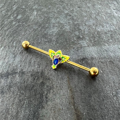 14G Blue Purple Gem Gold Tone Tropic Fan Industrial Barbell 38mm