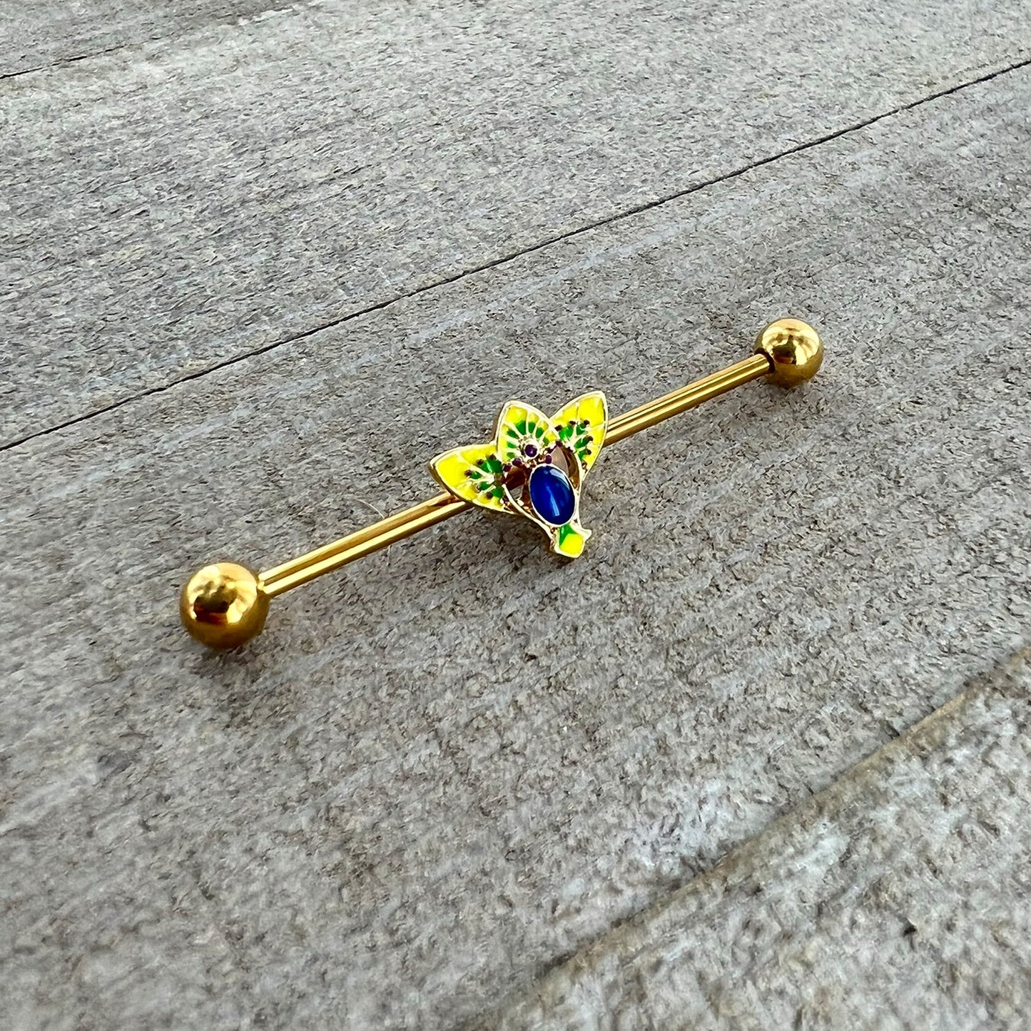 14G Blue Purple Gem Gold Tone Tropic Fan Industrial Barbell 38mm